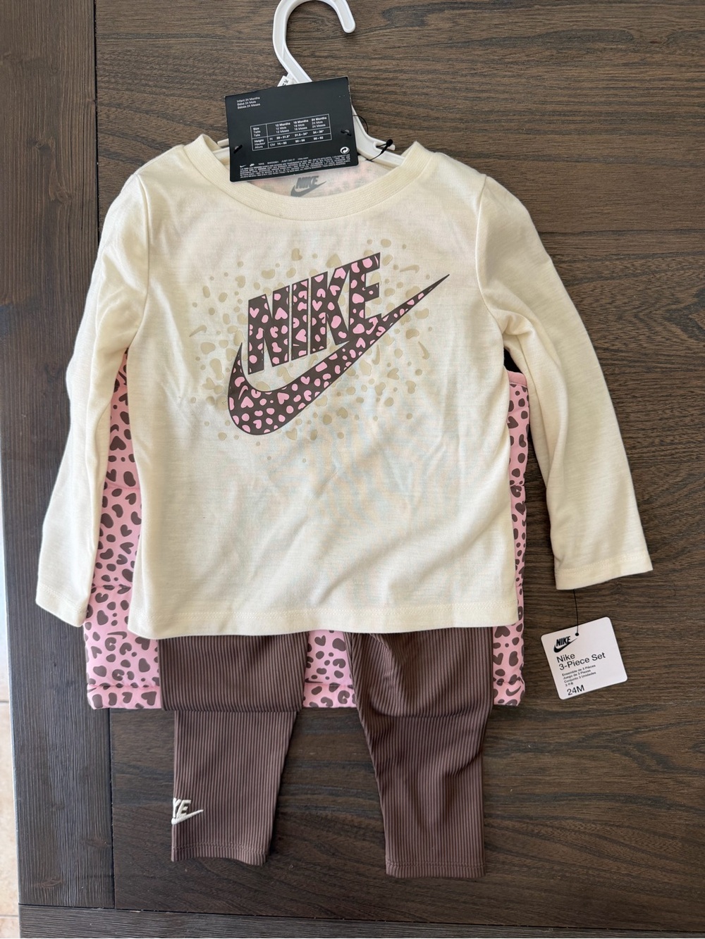 NWT Nike Girls 3 Piece Outfit Set 24M Pink Leopard Puffer Vest Shirt Leggings - Picture 2 of 4